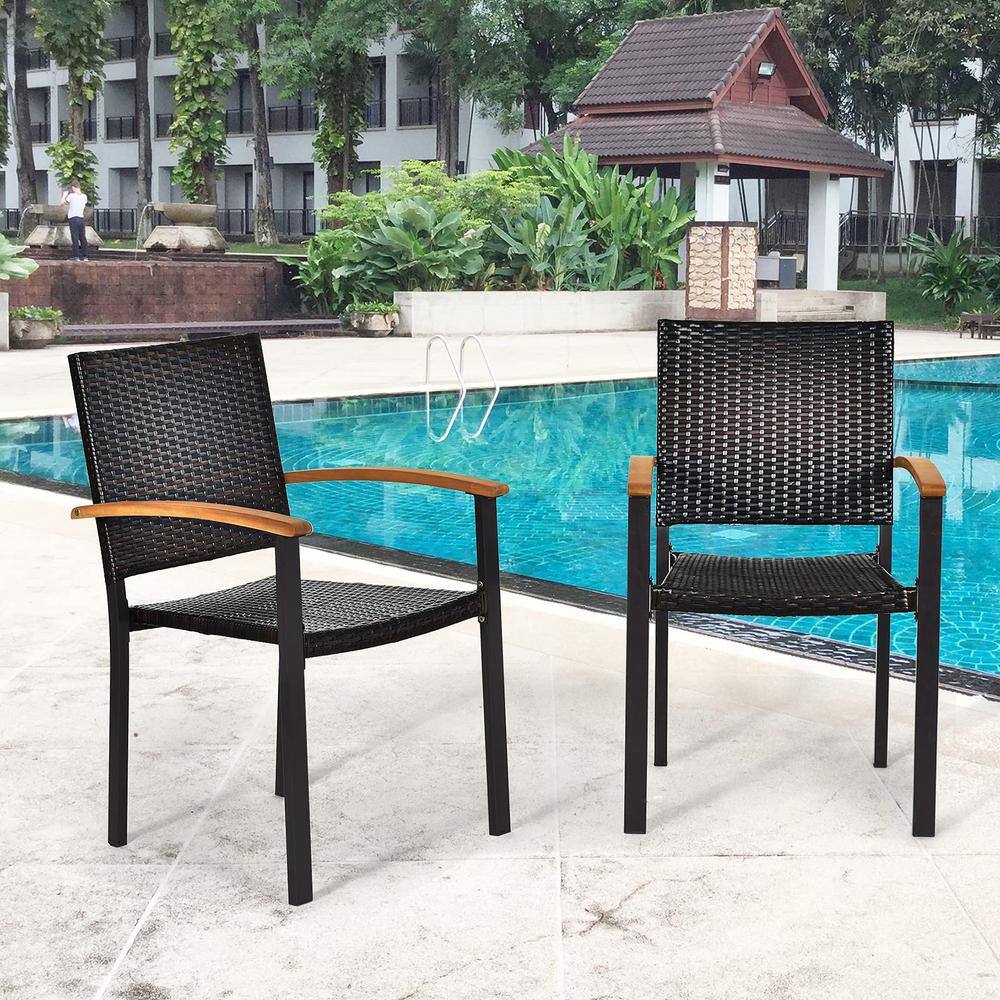 Black Wicker and Acacia Wood Stackable Outdoor Dining Chairs, Set of 4