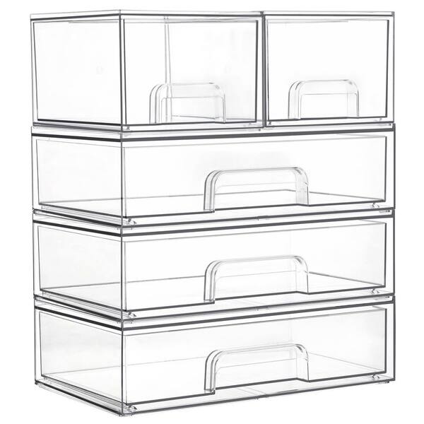 5-Pack Stackable Clear Plastic Over-the-Cabinet Vanity Organizer with Built-in Handle and Non-Slip, 2 Small+3 Wide