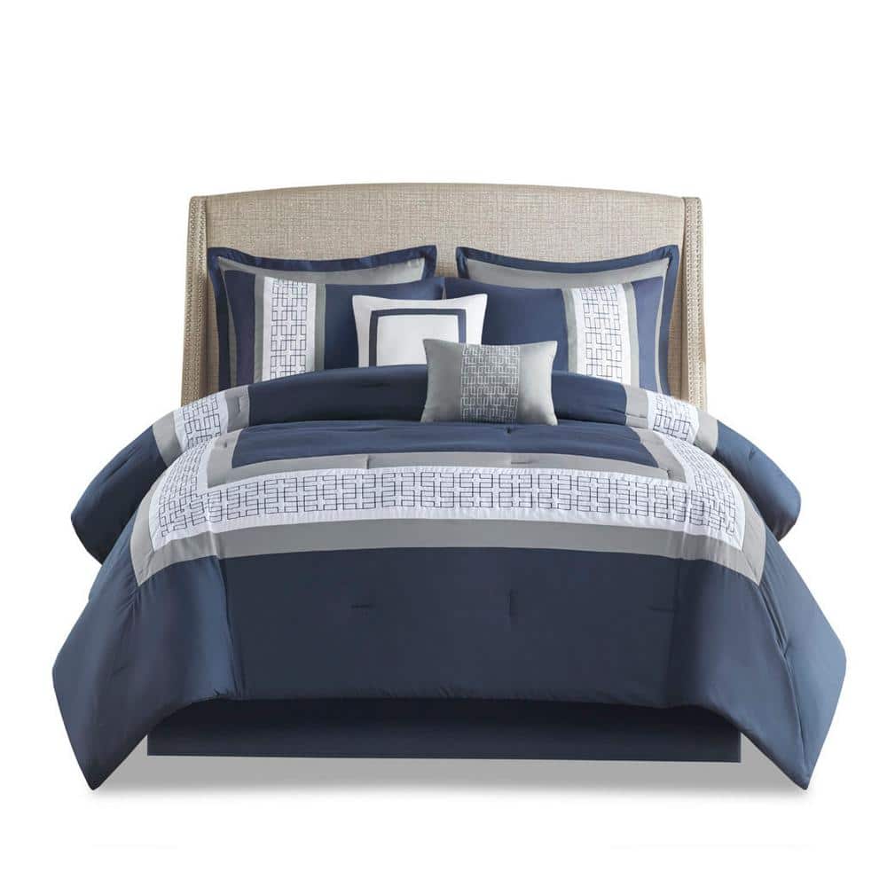Navy 8-Piece Queen Polyester Embroidered Comforter Set with Matching Sham, 