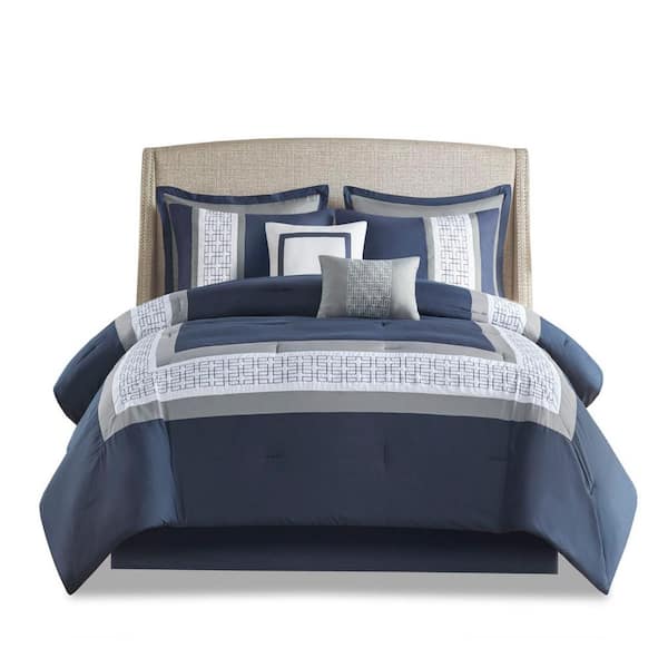 Unbranded Navy 8-Piece Queen Polyester Embroidered Comforter Set with Matching Sham, Decorative Pillow and Bedskirt