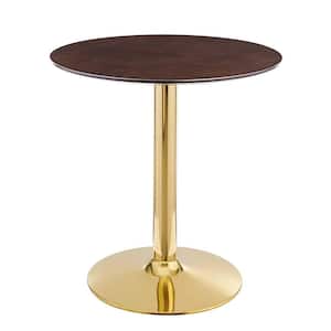 Verne 28 in. Round Dining Table Cherry Walnut Wood Top with Gold Metal Base