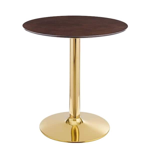 MODWAY Verne 28 in. Round Dining Table Cherry Walnut Wood Top with Gold Metal Base