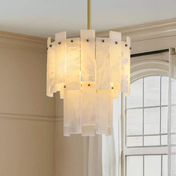 13 in. 3-Light Brass Round Alabaster Chandelier, 2 Tiers Kitchen Island Chandelier for Dining Room, Bedroom, Bedroom
