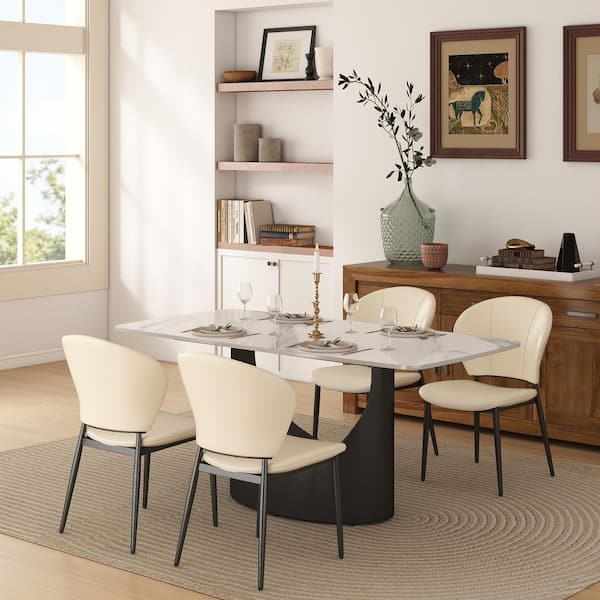 Beige Microfiber Leather Dining Chair (Set of 4), Upholstered Side Chairs with Metal Legs for Dining Room