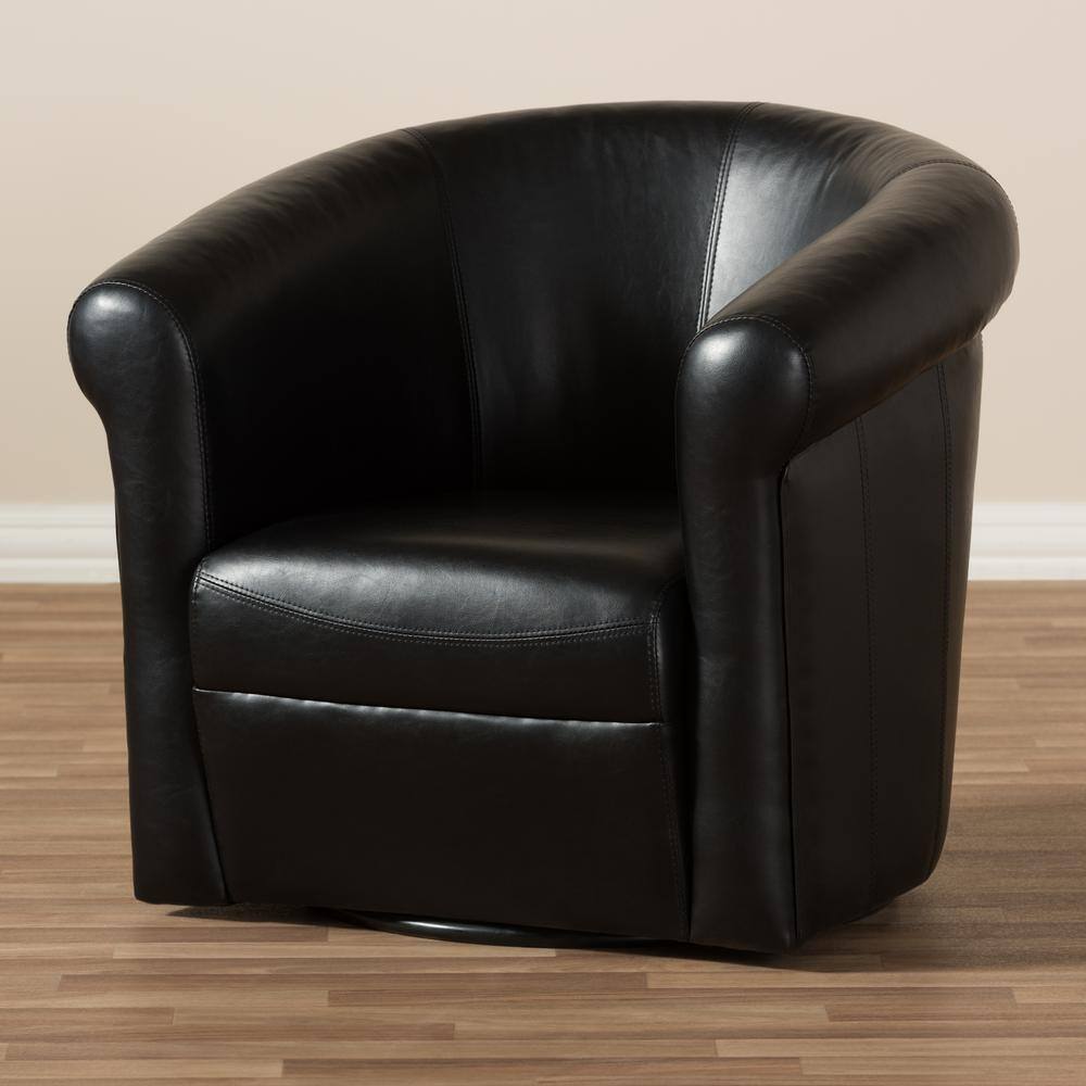 Swivel Barrel Accent Chair in Black Faux Leather with Wooden Frame