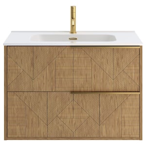 Demeter Geo Gold 32 in. W x 18.1 in. D x 22.8 in. H Deco Wall Mounted Vanity with Single Sink and White Ceramic Top