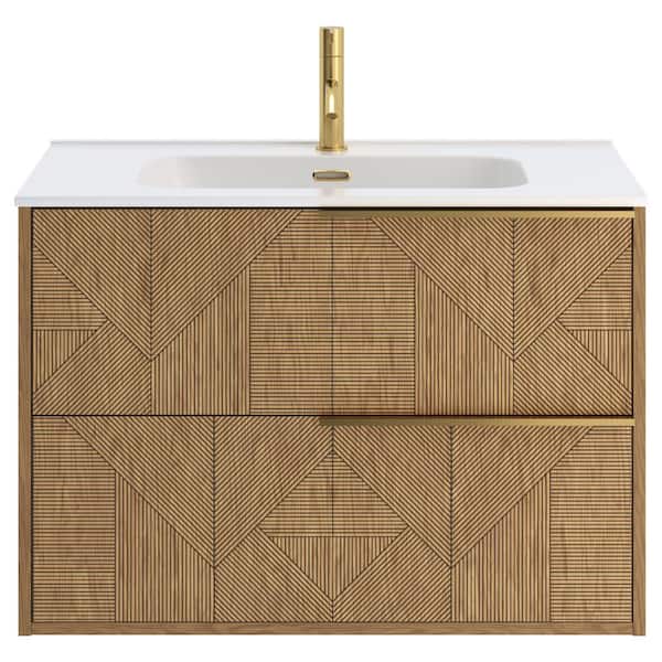 CHAMELEON CONCEPTS Demeter Geo Gold 32 in. W x 18.1 in. D x 22.8 in. H Deco Wall Mounted Vanity with Single Sink and White Ceramic Top
