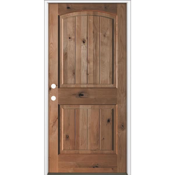 36 in. x 80 in. Rustic Knotty Alder Top Arch V-Groove Right-Hand/Inswing BEHR True Black Stain Wood Prehung Front Door