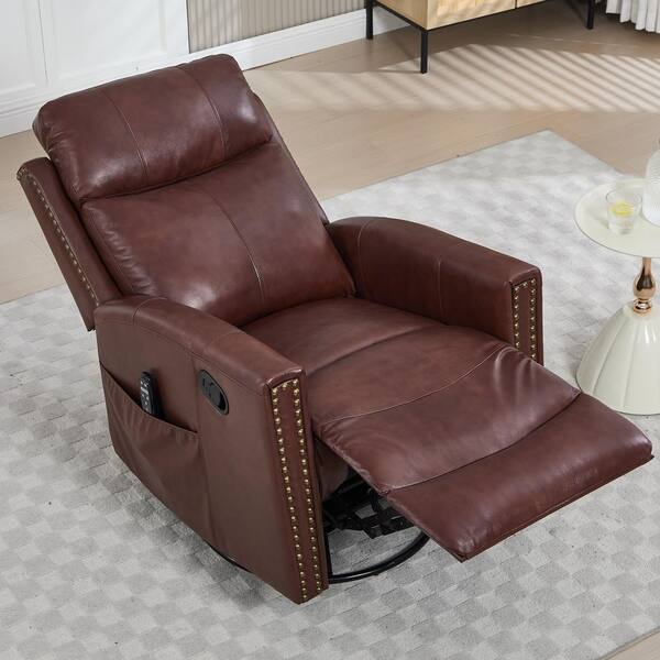 aisword Wine Red Genuine Leather Manual Swivel Recliner Rocker