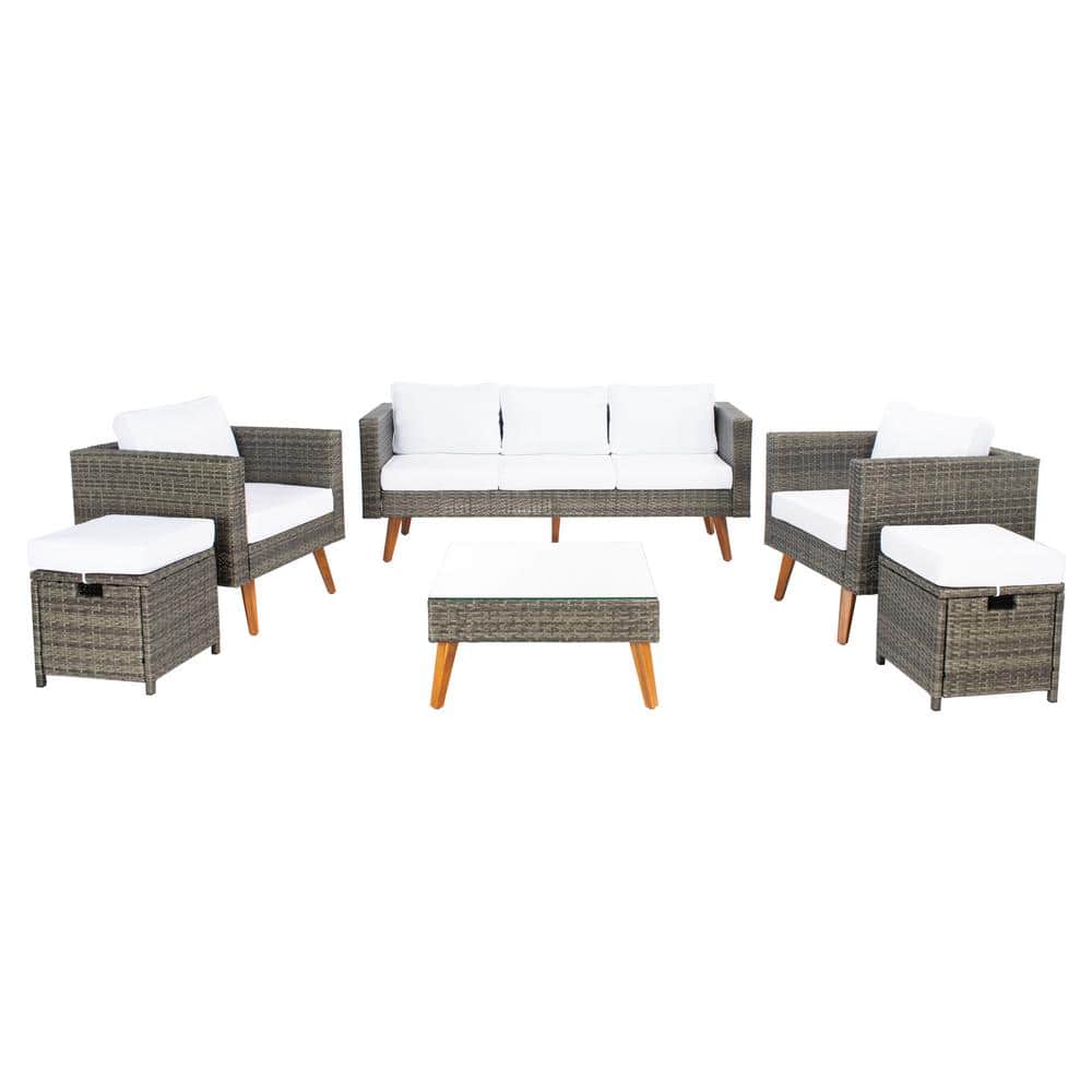 Presla 6-Piece Gray Brown Wicker Patio Set with White Cushions