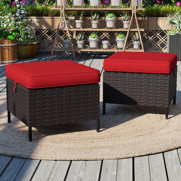 2-Piece Wicker Outdoor Patio Ottoman with Soft Zippered Red Cushions