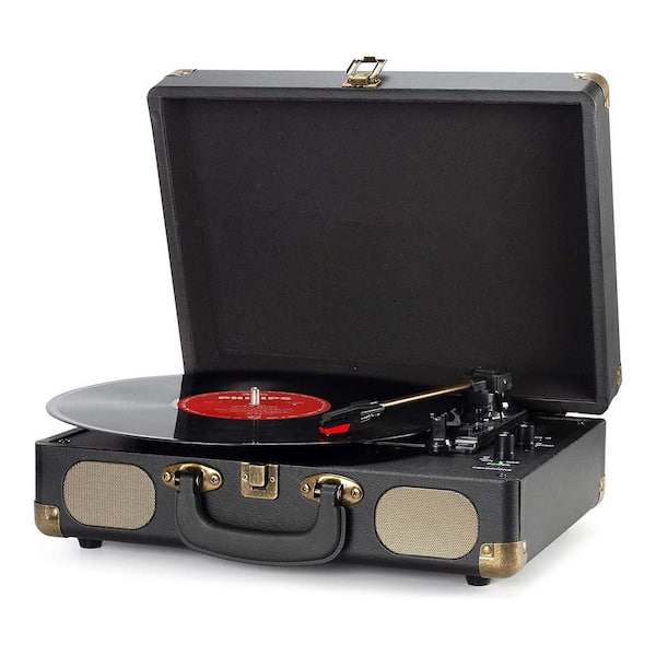 Ahfiwaso Vintage Vinyl Record Player with Built-in Speakers, 3-Speed Turntable, Bluetooth, AUX/RCA Output and Dust Cover in Black