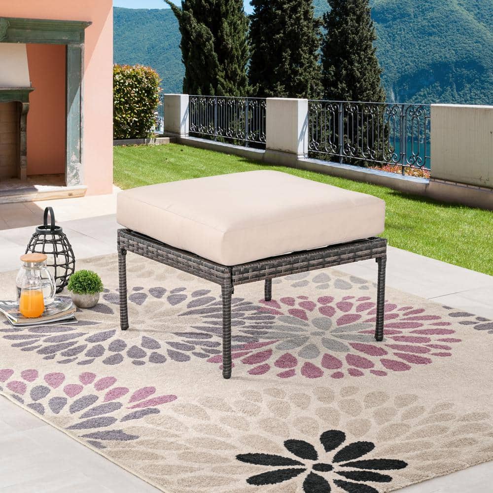 Wicker Outdoor Ottoman with Beige Cushion