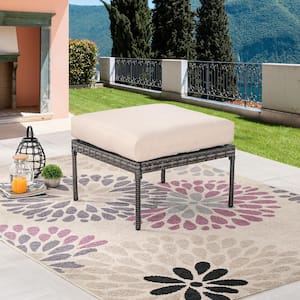 Wicker Outdoor Ottoman with Beige Cushion