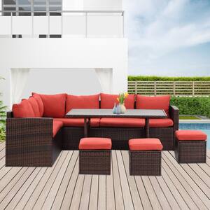 7 -Piece Brown Wicker Outdoor Modular Sectional Sofas Furniture Set Side Table Luxury Couches with Red Cushions