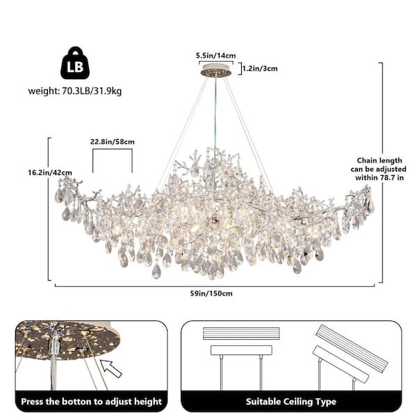 Miles Lightings 59 in. 18-Lights Silver Luxury Crystal Linear