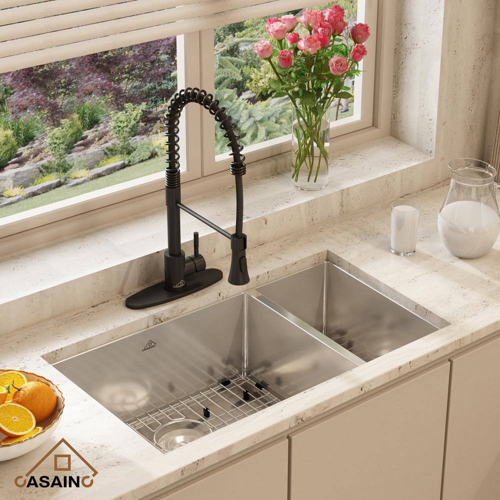 32" Stainless Steel Undermount Double Bowl Kitchen Sink with Matte Black Faucet
