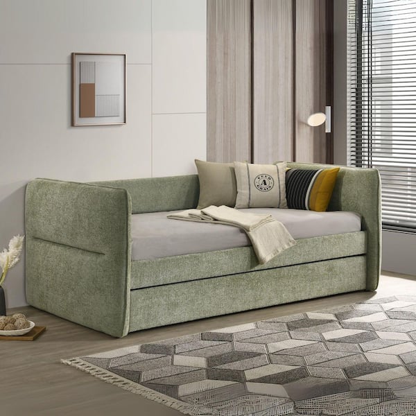 Mighty Light Green Fabric Upholstered Full Size Daybed with Pull Out Trundle, Button Tufted Nailhead