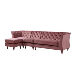 Danna PinkVelvet 4-Seater L-Shaped Modular Chesterfield Sectional Sofa with Tapered Wood Legs