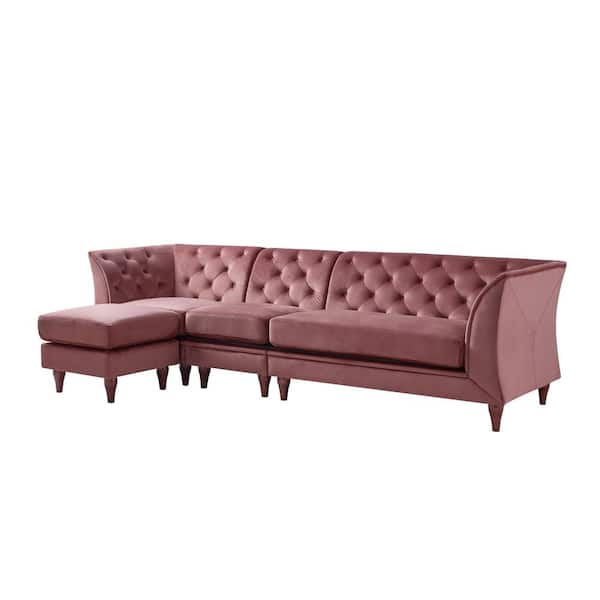 Furniture of America Danna PinkVelvet 4-Seater L-Shaped Modular Chesterfield Sectional Sofa with Tapered Wood Legs
