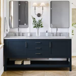 Bayhill 73 in. W x 22 in. D x 35.25 in. H Bath Vanity in Midnight Blue with Carrara White Marble Top