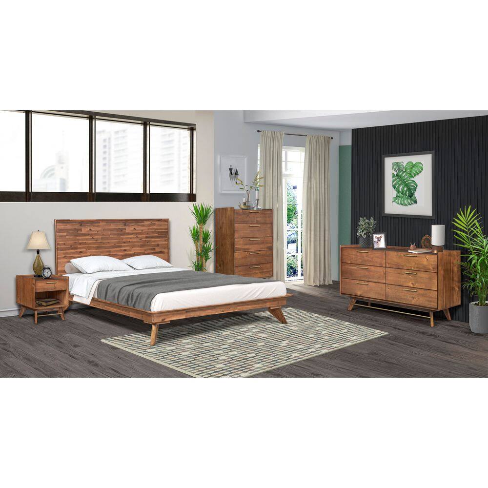 Walnut Acacia Wood Nightstand with Brass Handle and Shelf