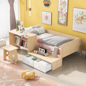 Natural and White Wood Frame Twin Size Platform Bed with Chair and Desk Set, 2-Drawer