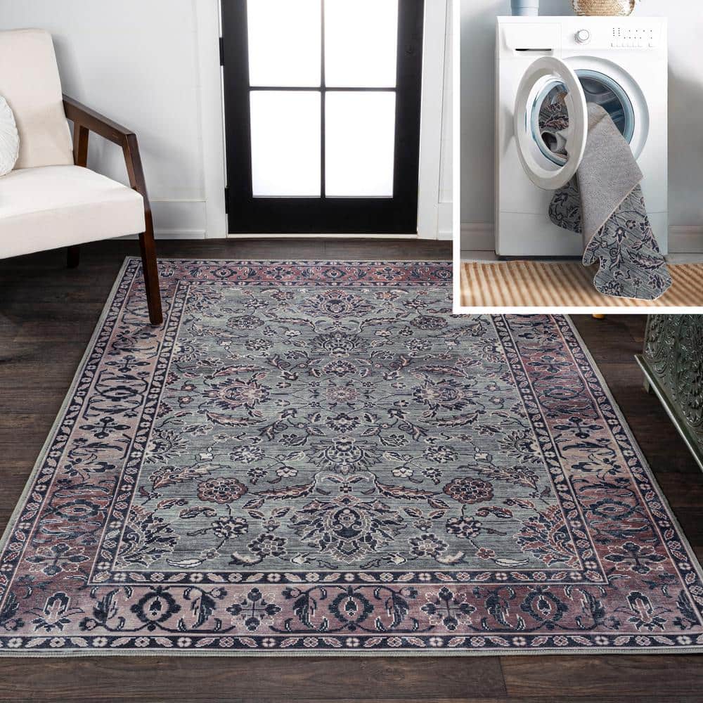 Victoria Ornate Persian Washable Gray and Purple 8x10 Area Rug