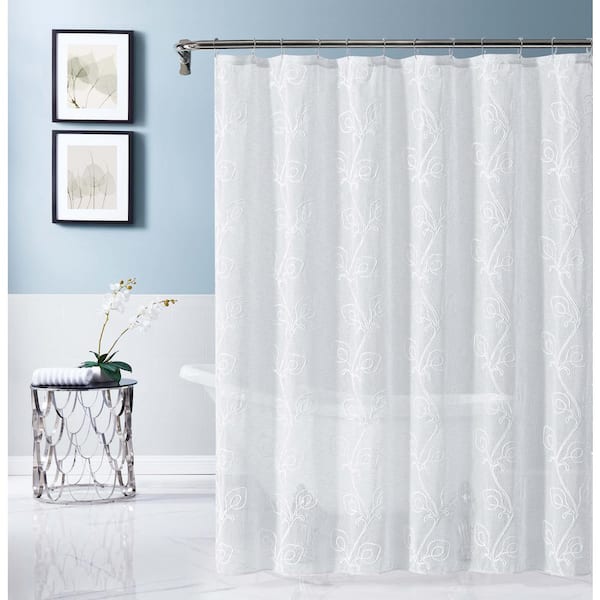 Dainty Home Stella 70 in. x 72 in. White Embroidered Shower Curtain