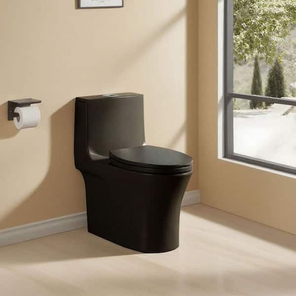 1-piece 1.1/1.6 GPF Dual Flush ADA Height 1000 Map Elongated Toilet in Matte Black Soft-Close Seat Included
