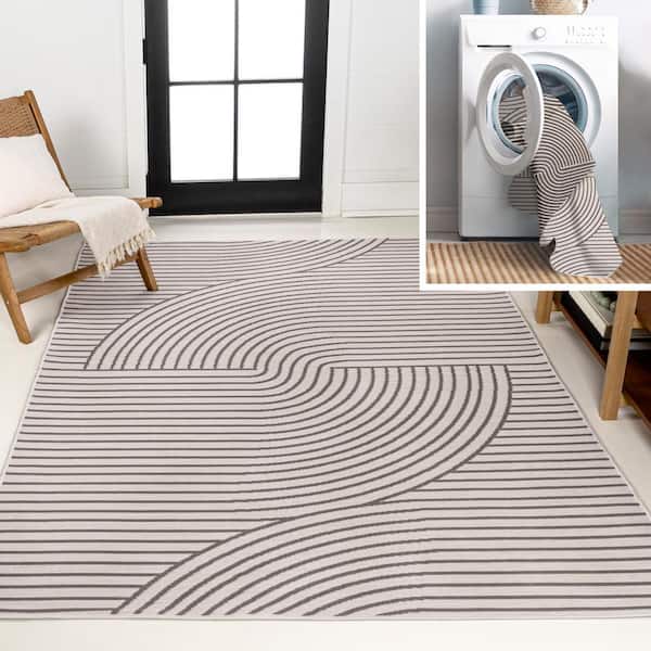 JONATHAN Y Arielle Mid-Century Curve Stripe Reversible Machine Washable Dark Gray/Cream 3 ft. x 5 ft. Indoor/Outdoor Area Rug