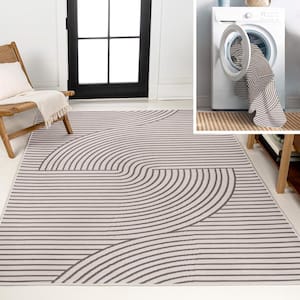 Arielle Mid-Century Curve Stripe Reversible Machine Washable Dark Gray/Cream 4 ft. x 6 ft. Indoor/Outdoor Area Rug