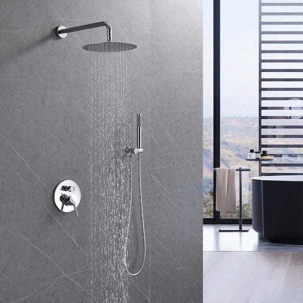 2-Spray Patterns 1.8 GPM 10 in. Wall Mount Dual Shower Heads Round Shower Head with Hand Shower in Polished Chrome