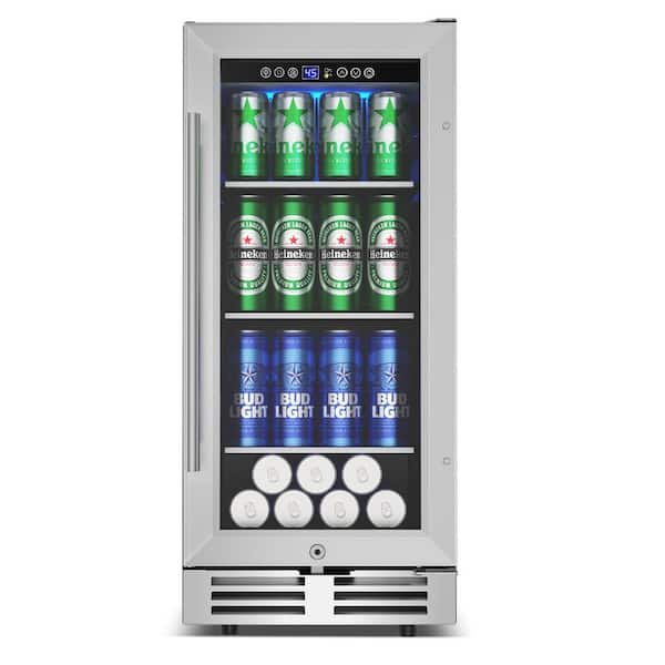 15 in. Single Zone 155-Can Beverage Cooler in Silver Built-in Reversible Door Beer Fridge with 3 Tempered-Glass Shelves