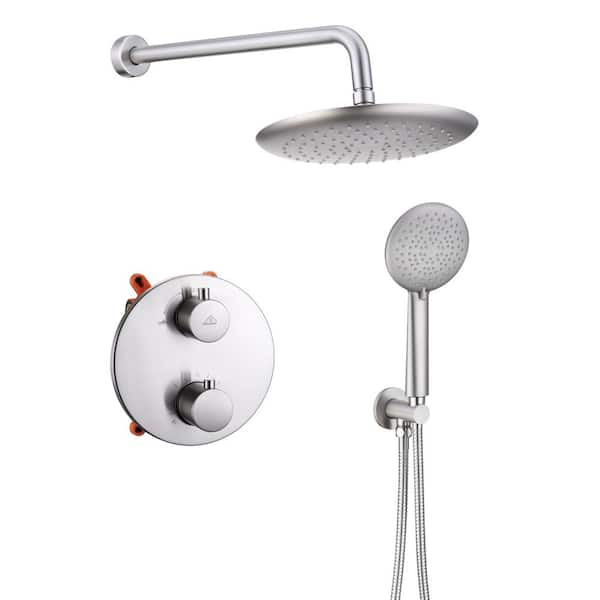 cadeninc 5-Spray Patterns with 9.5 in. Wall Mount Dual Shower Heads with Handheld Shower in Brushed Nickel (Thermostatic Valve)