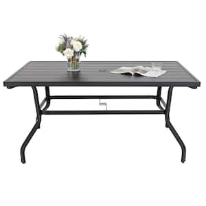 Black Rectangle Metal Outdoor Patio Dining Table with Umbrella Hole