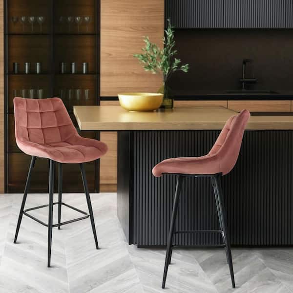 2 Piece Velvet Tufted Bar Chair in Pink with Metal Legs