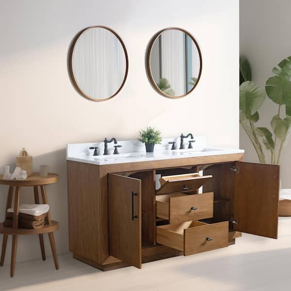 60 in. W x 22 in. D x 38 in. H Double Sink Bathroom Vanity in Tan with Arabescato White Engineered Marble Top