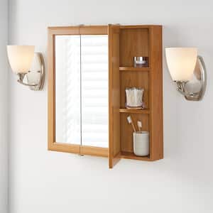 24 in. W x 24-3/16 in. H Fog Free Framed Surface-Mount Tri-View Bathroom Medicine Cabinet in Oak with Mirror