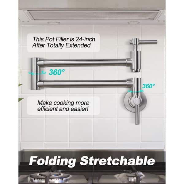 Contemporary Brass Wall Mount Pot Filler with Double Handles and Swing Arm Folding Kitchen Faucet in Brushed Nickel