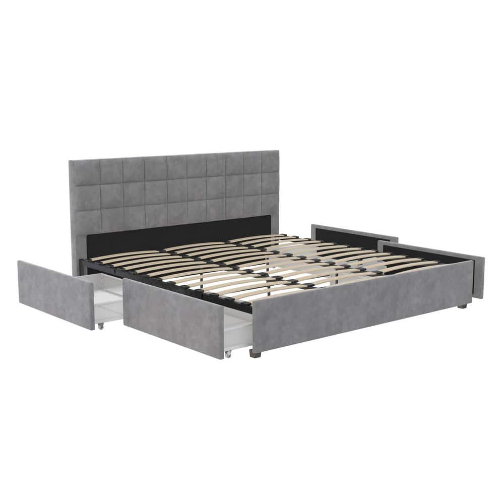 King Light Gray Velvet Upholstered Bed with Storage Drawers