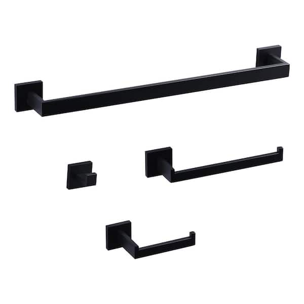 4-Piece Bath Hardware Set with 23.6in. Towel Bar, Paper Holder, Towel Hook, Mounting Hardware Included in Matte Black