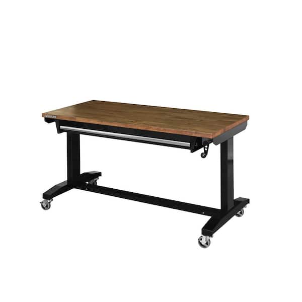 Husky 52 in.W x 24 in. D Steel 1-Drawer Adjustable Height Workbench with Dark Stained Wood Top in Gloss Black