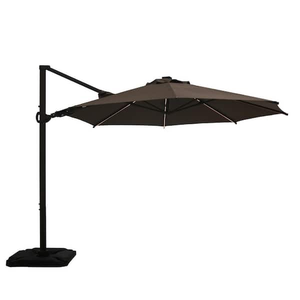 LAUREL CANYON 11.5 ft. 360-Degree Rotating Aluminum Cantilever Solar Light Patio Umbrella with Base Weight in Cocoa
