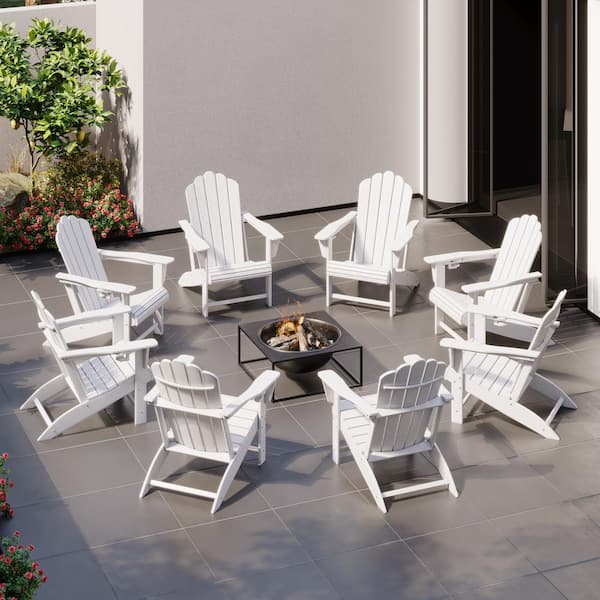 Aderson Set of 8 All Weather Fade Resistant Outdoor Patio HDPE Adirondack Chairs with Cup Holders in White