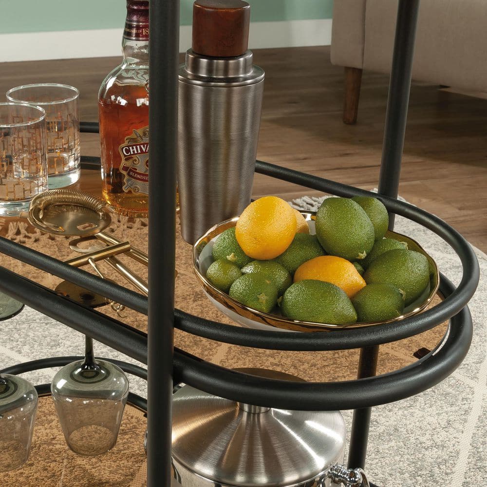 Coral Cape Black Metal Bar Cart with Amber Glass Shelves