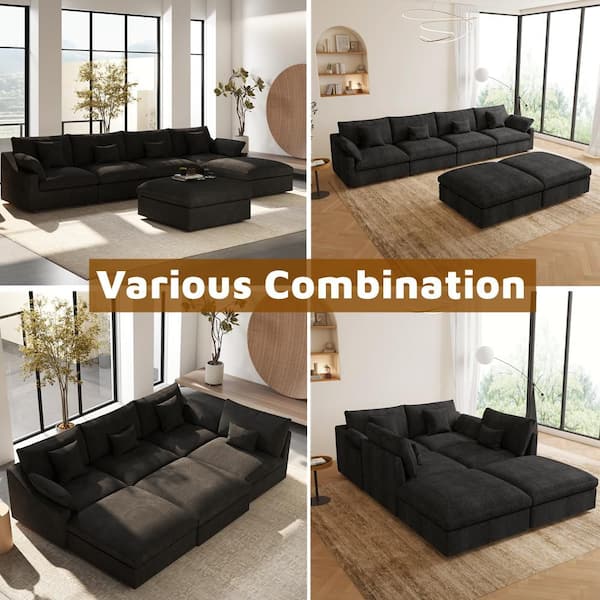 Modular 156 in. Down Filled Linen Large 4-Seat Sofa Solid Wood Cloud Couch Sectional in Black with Ottoman for Apartment