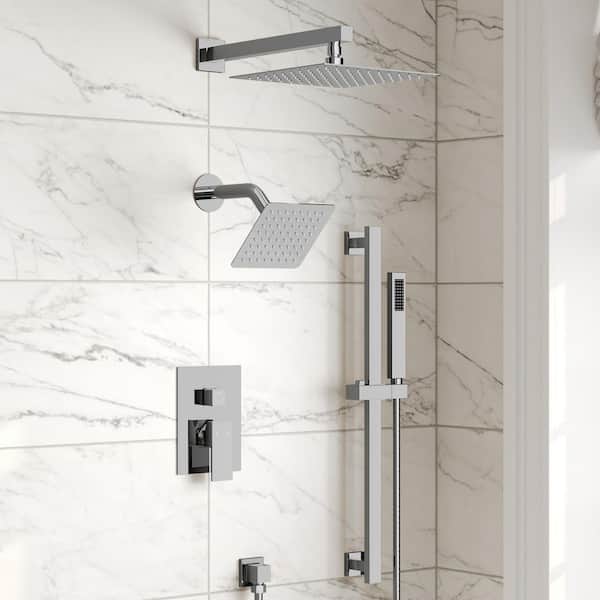 GRANDJOY ClassicRain 3 in 1 Square with Valve 3-Spray Dual Wall Mount 10 in. Fixed and Handheld Shower Head 2.5 GPM in Chrome