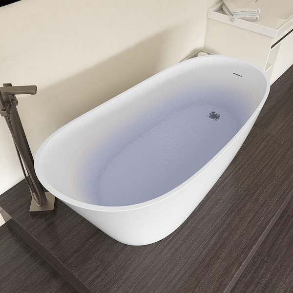 67 in. x 29.5 in. Acrylic Flat Bottom Free Standing Bath Tub Oval Freestanding Soaking Bathtub with Side Drain in White