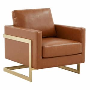 Leisure Mod Lincoln Modern Leather Upholstered Accent Armchair with Gold Frame Brown/Cognac Tan